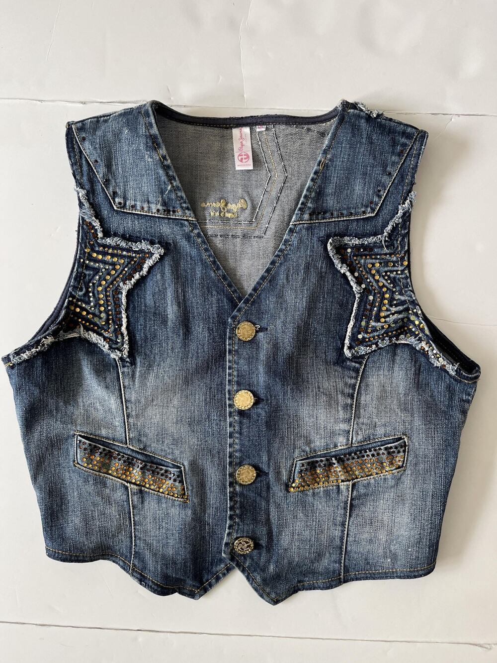 Pepe Jeans Vest Womens XL Blue Denim Western Star Studded Sleeveless Embroidered